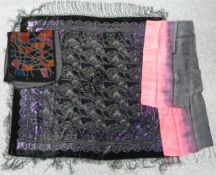 A 19th/20thC black and purple devore velvet shawl with fringe, 130 x 130cm including fringe, a