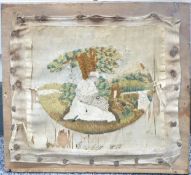 A 19thC stumpwork embroidery on silk of a lady holding a lamb beneath a tree, oval image mounted