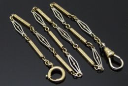 A late 19thC/ 20thC bi-coloured gold watch chain made up of rectangular and diamond shaped links,