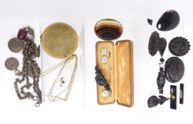 A collection of Victorian jet brooches including one depicting a horseshoe, carved jet earrings,