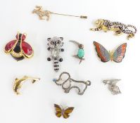 Butler and Wilson brooch, enamel brooches, jockey pin, etc