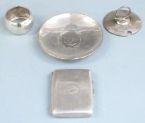 Hallmarked silver cigarette case, feature hallmarked coin base dish, napkin ring and a silver lid,