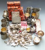 Silver plated ware including a quantity of boxed King's pattern cutlery, salver, pewter tankards