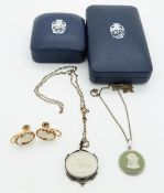 A pair of yellow metal cameo earrings and two silver Wedgwood pendants