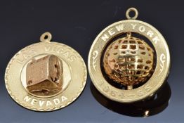 Two 14k gold charms, one reading 'New York 1964-65' and the other 'Las Vegas Nevada', 11g