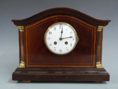 Late 19th/ early 20thC French mantel clock in mahogany case with banded inlaid decoration, reeded