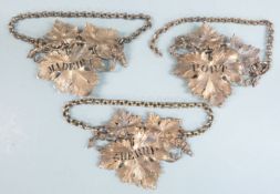 Set of three Georgian hallmarked silver bottle tickets formed as leaves with pierced names Port,