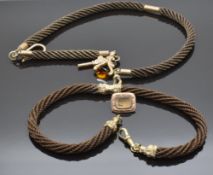 Two Victorian plaited hair Alberts with a swivel fob and pocket watch key and a small Victorian