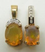 Two 9ct gold pendants set with oval cut Indonesian opals and diamonds to each