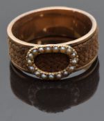 Victorian mourning ring set with plaited hair and an oval section set with seed pearls, size P/Q,