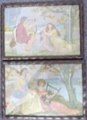 Arts and Crafts pair of embroideries depicting two lovers in classical costume, one playing a lyre