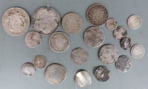 A collection of twenty silver coins Edward I, Charles I, Victoria, love tokens etc