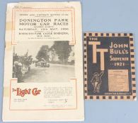 John Bull's 1921 TT motorcycle races souvenir booklet together with a 12 May 1934 Donnington Park