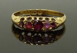 Victorian 18ct gold ring set with rubies, Birmingham 1876, size L, 2.00g