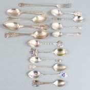 Quantity of hallmarked silver and white metal spoons including enamel collectors examples, weight
