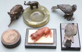 Figural elephant pin dish, diameter 10.5cm, recumbent dog paperweights, Japanese elephant, bird