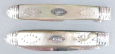 Georgian hallmarked silver and mother of pearl folding fruit knife and fork, both with lion
