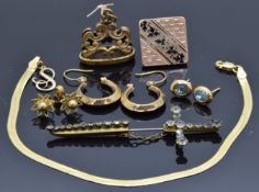 A yellow metal ribbon bracelet marked 14k (2.8g), a pair of 9ct gold earrings (1.8g), two pairs of