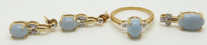 A 9ct gold ring (size N), earrings and pendant set with blue fire opal cabochons and diamonds, 5.9g