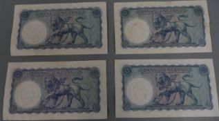 Four crisp Bank of England blue/pale green £5 notes C72, C79, H36 prefixes