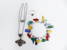 A silver necklace set with foiled garnets and marcasite, silver bracelet with charms for different