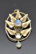 Arts & Crafts 9ct gold pendant set with rectangular, circular and oval moonstones and a garnet in