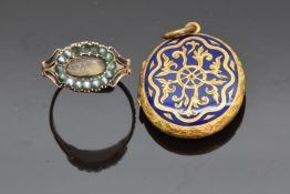 Victorian mourning ring set with seed pearls and plaited hair and a Victorian locket with engraved