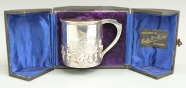 Cased Edward VII hallmarked silver tankard with embossed decoration of figures and landscape,