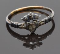 Georgian ring set with a rose cut diamond in a heart shape and further diamonds in a coronet with