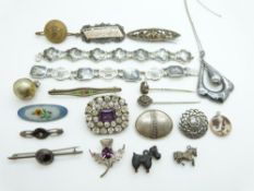 A silver and guilloché enamel brooch, silver thistle brooch by WBS, Victorian stick pin, Siam silver