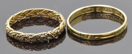 Victorian yellow metal ring of fine woven rope design and a Victorian 9ct gold ring with engraved