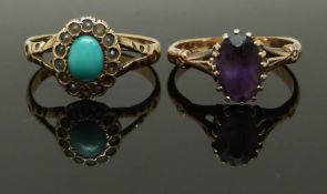 Victorian ring set with an amethyst and a 9ct gold Edwardian ring set with turquoise and seed