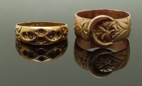 A 9ct rose gold buckle ring with engraved decoration and a 15ct gold ring, size P/Q & N, 4.40 & 2.