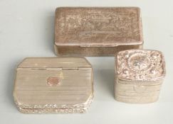 Dutch white metal spice or similar box, height 4cm together with two silver plated snuff boxes