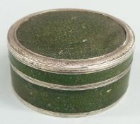 19thC tortoiseshell circular box with silver and green patterned decoration, diameter 6cm