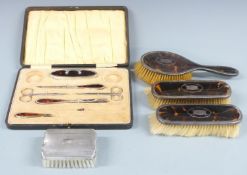 Hallmarked silver and tortoiseshell mounted manicure set in original fitted case together with three
