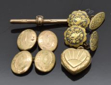 A pair of Victorian cufflinks, Toledo cufflinks, a 9ct gold T bar (3.7g) and 9ct gold back and front