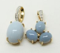 Two 9ct gold pendants set with blue fire opal cabochons and diamonds, 4g