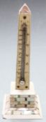 19thC desk thermometer in the form of an obelisk set with mother of pearl and ivory, height 17cm
