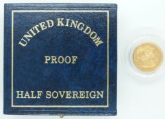 QEII 1988 fourth head proof gold half sovereign, in case with certificate 3058