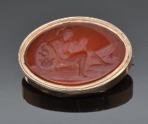 Victorian rose gold brooch set with a carnelian agate panel/ intaglio carved to depict a Roman