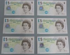 Six consecutive Andrew Bailey uncirculated UK £5 notes, LC21005079-LC21005084