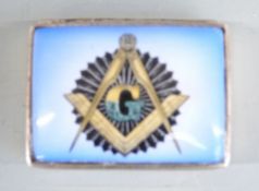 White metal Masonic interest trinket pot with enamel decoration to lid and marked 925 to base, width