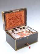 19thC coromandel wood brass bound ladies travelling box, the hinged lid opening to reveal fitted