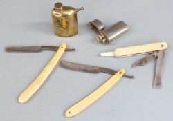 Two cut throat razors, both marked J.A.Hellberg Eskilstuna Garanti, further folding knife,