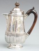 Victorian hallmarked silver hot water jug with reeded lower body, London 1884 maker's mark rubbed