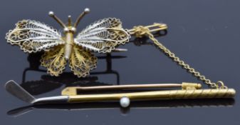 A 15ct gold bar brooch in the form of a golf club (3.4g) and a filigree butterfly brooch