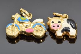 Two 9ct gold and enamel charms, one in the form of a cow and the other a motorbike, 2.8g