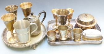 Silver plated and pewter ware including trays, wine coaster, goblets, Ralph Lauren clothes brush etc