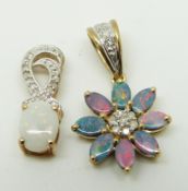 Two 9ct gold pendants, both set with diamonds and opal triplets, 3.5g